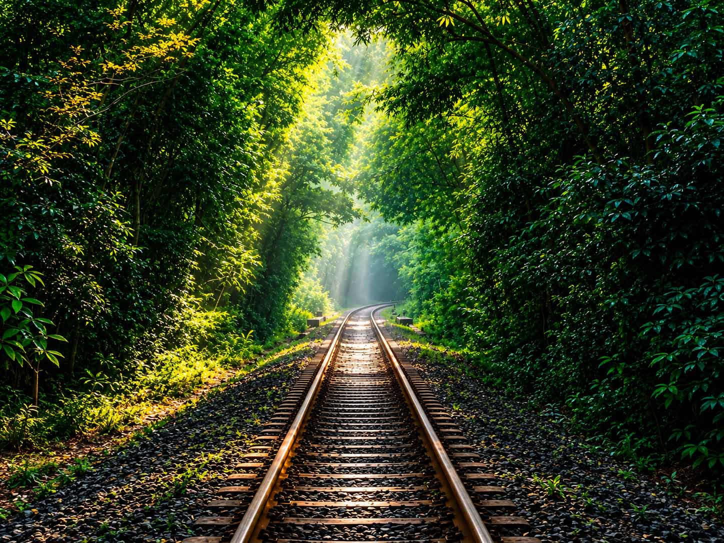 Person walking a forest railway track in Bangladesh at sunrise